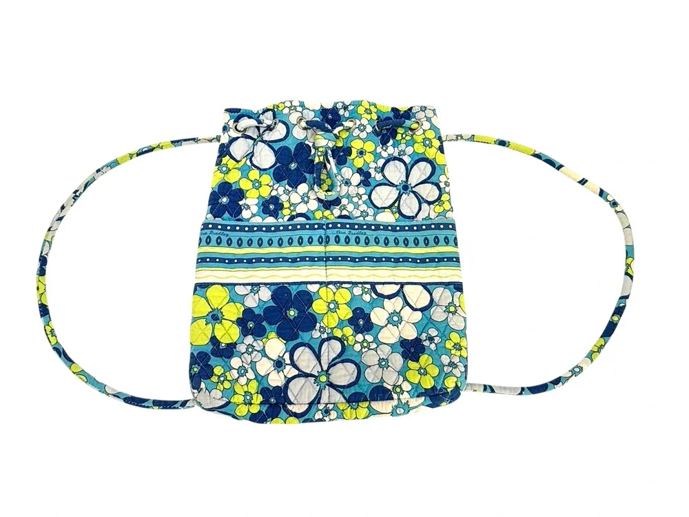 Vera Bradley Petal Power Blue Drawstring Backsack Front Pockets Quilt Retired